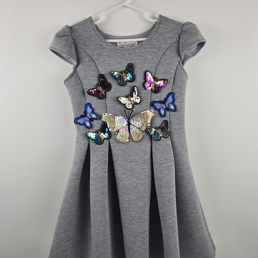 HalabalooGirls Gray Dress with Colorful 3D Butterfly Accents Lined Sz 6X